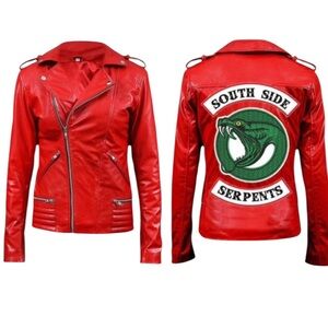 NEW Thread Needle Genuine Red Leather Riverdale Cheryl Blossom Moto Jacket - L